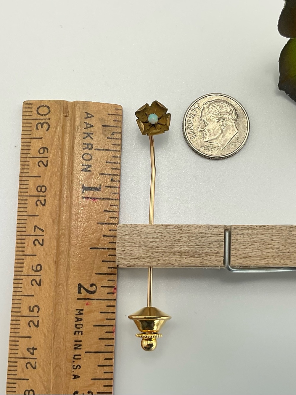 Opal Flower Stick Pin, Vintage to Antique, Art Nouveau, Gold Vermeil - Picture 7 of 11